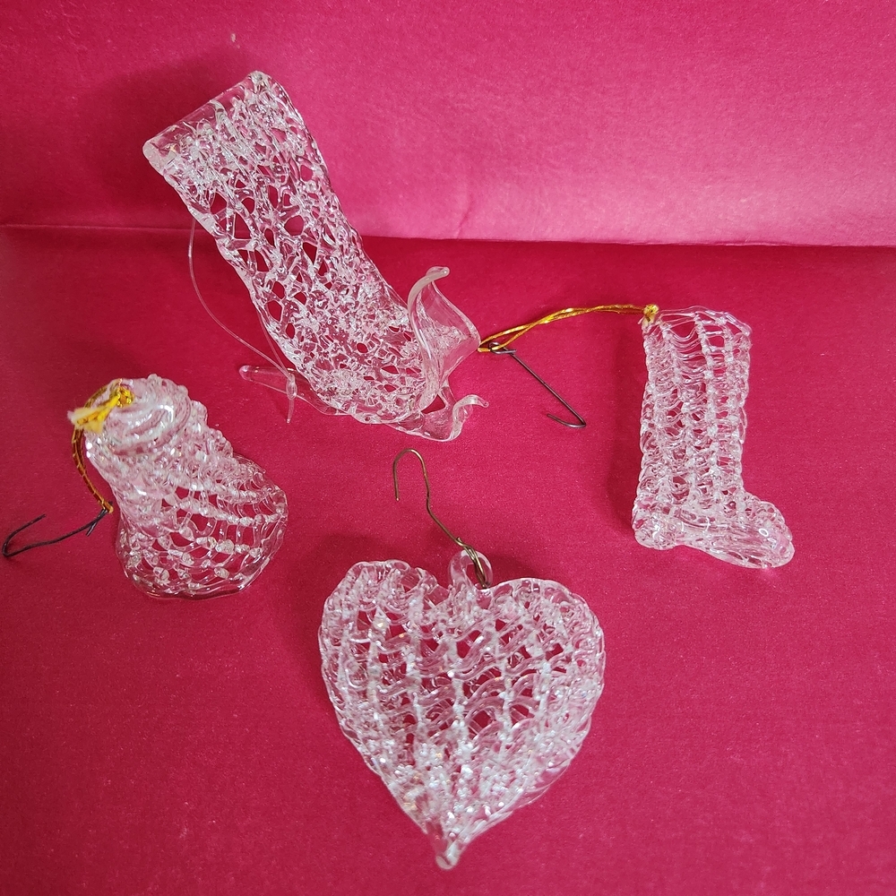Vintage 4 Spun Glass Christmas Ornament Set. Heart, Sleigh, Stocking, Bell